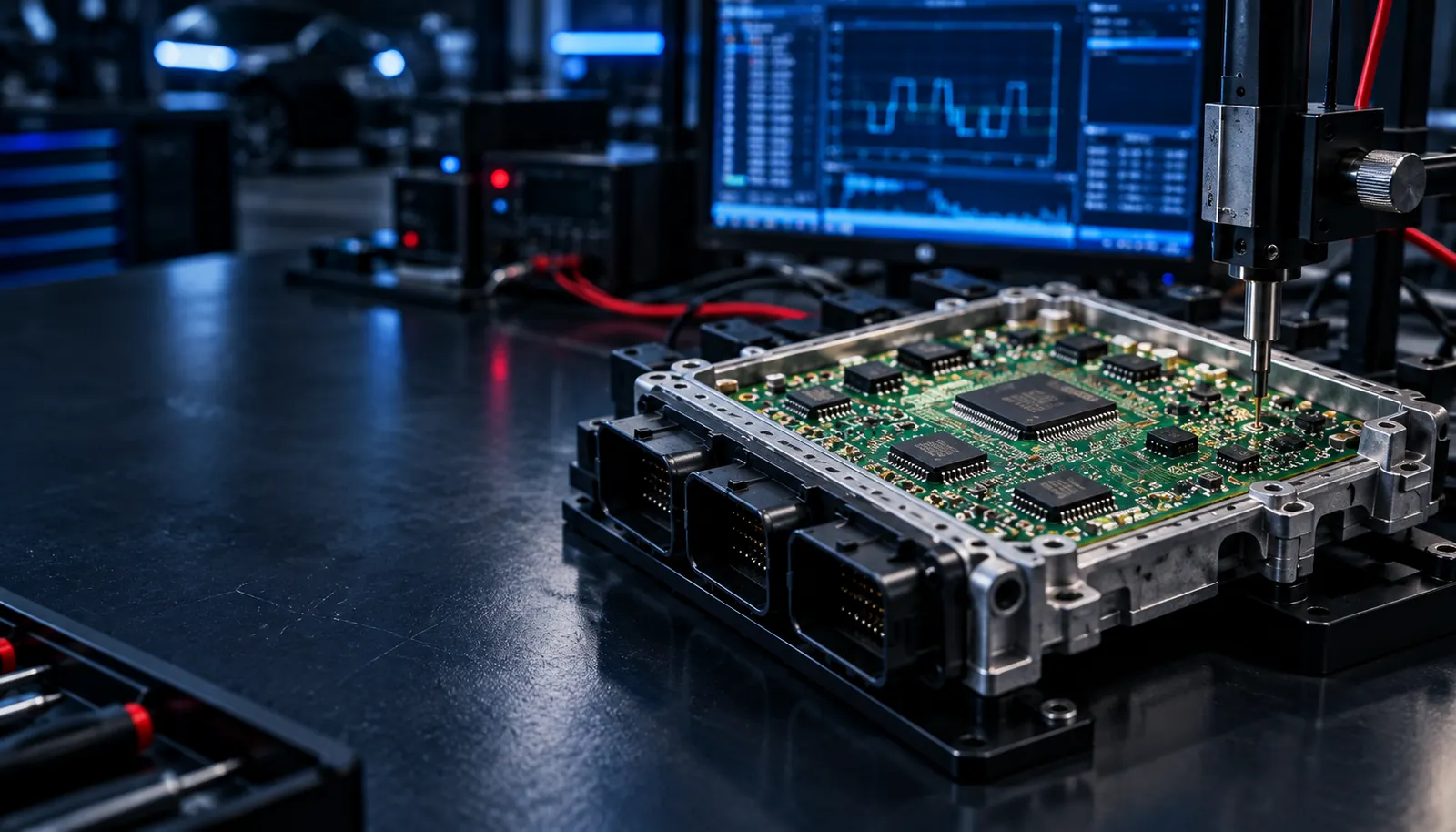 Illustration of an automotive ECU circuit board on an electronics test bench